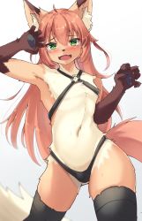 Rule 34 | 1boy, absurdres, an choby, androgynous, animal ears, bikini, black thighhighs, blush, body fur, bulge, claw pose, contrapposto, embarrassed, fang, fox boy, fox ears, fox tail, furry, furry male, gradient background, green eyes, halterneck, highres, long hair, looking at viewer, male focus, navel, o-ring, open mouth, original, pawpads, skin fang, solo, swimsuit, tail, tearing up, tears, thighhighs, trap