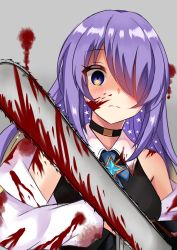 Rule 34 | 1girl, blood, blood on clothes, blood on face, bloody weapon, chainsaw, choker, gradient hair, hair over one eye, highres, hololive, hololive indonesia, indonesian commentary, maru.selinn, moona hoshinova, multicolored hair, off-shoulder jacket, off shoulder, purple eyes, purple hair, shaded face, solo, twitter username, upper body, virtual youtuber, weapon