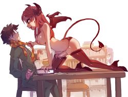 Rule 34 | 1boy, 1girl, book, breasts, commentary, demon girl, demon horns, demon tail, demon wings, freckles, from side, futa with male, futanari, glasses, green eyes, high heels, horns, inverted nipples, katawa shoujo, large breasts, long hair, medium breasts, mini wings, nail polish, naughty face, nipples, on table, opaque glasses, panties, peeking, penis, precum, puffy nipples, red hair, round eyewear, rtil, scarf, scarf pull, school uniform, seamed legwear, setou kenji, shirakawa yuuko, sideboob, sitting, skindentation, spying, striped clothes, striped scarf, table, tail, thighhighs, topless, uncensored, underwear, wings, you gonna get raped
