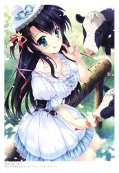 Rule 34 | 1girl, ;q, absurdres, black hair, blue eyes, bow, breasts, cleavage, collarbone, corset, cow, dress, finger to cheek, food, frills, grass, hair ornament, hair ribbon, hat, hat bow, highres, ice cream, licking, long hair, looking at viewer, mikeou, mini hat, mini top hat, one eye closed, outdoors, ribbon, tongue, tongue out, top hat, white dress, wink