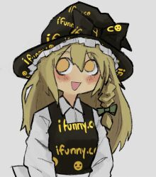Rule 34 | 1girl, absurdres, black bow, black hat, black vest, blonde hair, blush, bow, braid, collared shirt, commentary, green bow, grey background, hair between eyes, hair bow, hat, hat bow, highres, ifunny, kirisame marisa, long hair, long sleeves, open mouth, shirt, sidelocks, simple background, single braid, smile, solo, squidmiku, touhou, upper body, vest, white shirt, yellow eyes