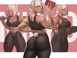 Rule 34 | 1girl, abs, alternate hairstyle, animal ears, ass, back, barbell, bare shoulders, black pants, black sports bra, boku no hero academia, breasts, cellphone, character name, cleavage, crescent print, dark-skinned female, dark skin, dumbbell, exercising, from behind, highres, holding, holding dumbbell, holding phone, large breasts, letterboxed, long eyelashes, looking at viewer, median furrow, mirko, multiple views, muscular, muscular female, navel, pants, parted bangs, parted lips, phone, pink background, rabbit ears, rabbit girl, rabbit tail, red eyes, scar, scar on arm, short hair, smartphone, smile, sports bra, tail, thick thighs, thighs, tight clothes, tight pants, weightlifting, white hair, yoga pants, zukululuu