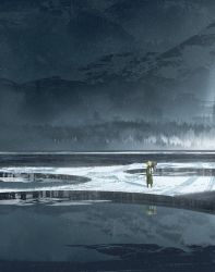 Rule 34 | 1girl, absurdres, asteroid ill, backpack, bad id, bad twitter id, bag, blonde hair, footprints, highres, iris (asteroid ill), lake, machinery, mountain, mountainous horizon, original, reflection, scenery, snow, snowing, solo, standing, tree, very wide shot