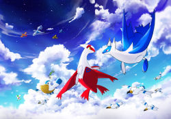 Rule 34 | animal, animal focus, articuno, bad id, bad pixiv id, bird, cloud, cloud focus, commentary request, creatures (company), flying, game freak, gen 1 pokemon, gen 2 pokemon, gen 3 pokemon, highres, jade 0518h, latias, latios, legendary pokemon, looking at another, lugia, moltres, nintendo, no humans, pelipper, pokemon, pokemon (creature), rayquaza, red eyes, scenery, sky, sky focus, sparkle, star (sky), starry sky, wingull, yellow eyes, zapdos