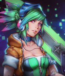 Rule 34 | 10s, 1girl, 2015, alternate costume, arcade (league of legends), arcade riven, braid, breasts, bustier, choker, cleavage, green hair, headphones, jurikoi, league of legends, lips, nose, open clothes, open vest, over shoulder, pink eyes, pixelated, riven (league of legends), side braid, signature, sleeves rolled up, solo, sword, sword over shoulder, unzipped, vest, weapon, weapon over shoulder