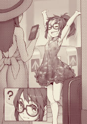 Rule 34 | 2girls, ?, ^ ^, airport, armpits, arms up, backless dress, backless outfit, bare arms, bare shoulders, blush, closed eyes, collarbone, comic, commentary, dress, facing away, facing viewer, fang, fang out, glasses, hat, high ponytail, holding, holding phone, long dress, looking at viewer, monochrome, motion lines, multiple girls, open mouth, original, outstretched arms, phone, ponytail, print dress, rolling suitcase, rotix, short dress, sidelocks, silent comic, sleeveless, sleeveless dress, smile, standing, standing on one leg, suitcase, sun hat