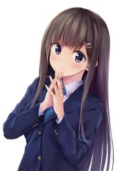 Rule 34 | 1girl, bad id, bad twitter id, blazer, blouse, blue jacket, blue necktie, blush, hair ornament, hairclip, jacket, light smile, long hair, necktie, original, own hands clasped, own hands together, pasdar, school uniform, shirt, sidelocks, simple background, solo, upper body, white background, white shirt