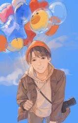 Rule 34 | 1boy, absurdres, balloon, beanie, blue sky, brown coat, brown eyes, brown hair, brown sleeves, buttons, camera, cloud, coat, collared coat, cowboy shot, day, grey pants, grin, hat, heart balloon, highres, holding, holding balloon, hood, hood down, hoodie, leaning forward, long sleeves, looking at viewer, male focus, mukai kouji, open clothes, open coat, orange hat, outdoors, pants, parted bangs, pocket, qiji lajiao, real life, short hair, sky, smile, snow man (jpop), solo, star balloon, white hoodie
