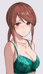 Rule 34 | 1girl, arms at sides, bare arms, bare shoulders, blush, bra, breasts, brown eyes, brown hair, cleavage, closed mouth, collarbone, commentary request, floral print, green bra, grey background, highres, idolmaster, idolmaster cinderella girls, jewelry, kozeni isari, lace, lace-trimmed bra, lace trim, large breasts, long hair, looking at viewer, low ponytail, mifune miyu, necklace, pendant, ponytail, print bra, sidelocks, simple background, smile, solo, swept bangs, underwear, underwear only, upper body