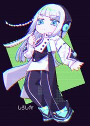 Rule 34 | 1girl, aqua eyes, aqua footwear, artist name, black background, black footwear, black jacket, black pants, blunt ends, braid, buttons, cevio, chibi, chromatic aberration, closed mouth, commentary request, cropped jacket, diagonal bangs, expressionless, floating hair, frown, full body, green background, half-closed eyes, hand up, haru (cevio), headphones, jacket, jewelry, kamitsubaki studio, long sleeves, looking at viewer, multicolored clothes, multicolored footwear, multicolored jacket, pants, puffy long sleeves, puffy sleeves, ring, shiroshida, shoes, side braid, solo, two-tone background, white jacket