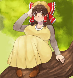 Rule 34 | 1girl, blush, bow, branch, breasts, brown eyes, brown hair, brown shirt, closed mouth, commentary request, cookie (touhou), dress, frilled bow, frilled hair tubes, frills, full body, hair bow, hair tubes, hakurei reimu, kanna (cookie), large breasts, long hair, long sleeves, looking at viewer, mo-fu, pinafore dress, red bow, shirt, sidelocks, sitting on branch, sleeveless dress, smile, solo, touhou, tree, yellow dress, yellow headwear