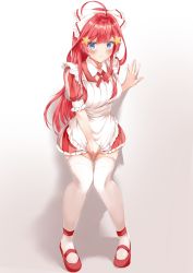 Rule 34 | 1girl, absurdres, ahoge, apron, blue eyes, blush, breasts, commentary request, full body, go-toubun no hanayome, hair ornament, highres, large breasts, long hair, looking at viewer, maid, maid apron, maid headdress, mary janes, nakano itsuki, red footwear, red hair, shizuku (shizukusushi), shoes, short sleeves, simple background, solo, standing, star (symbol), star hair ornament, thighhighs, white thighhighs