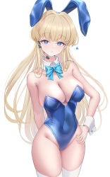 Rule 34 | 1girl, absurdres, animal ears, aqua bow, aqua bowtie, arm behind back, azuma (sospower73), blonde hair, blue archive, blue leotard, bow, bowtie, breasts, cleavage, covered navel, detached collar, fake animal ears, groin, hand on own hip, headset, heart, highleg, highleg leotard, highres, large breasts, leotard, long hair, looking at viewer, no halo, official alternate costume, playboy bunny, rabbit ears, simple background, solo, strapless, strapless leotard, thighhighs, toki (blue archive), toki (bunny) (blue archive), very long hair, white background, white thighhighs, wrist cuffs