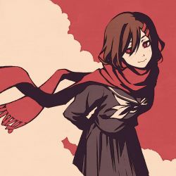 Rule 34 | arms behind back, bent over, black sailor collar, black shirt, black skirt, brown hair, closed mouth, commentary, floating scarf, hair ornament, hairclip, kagerou project, leaning forward, light blush, looking away, medium hair, moshimoshibe, neckerchief, pleated skirt, red background, red eyes, red scarf, romaji commentary, sailor collar, scarf, school uniform, serafuku, shirt, skirt, smile, solo, tan background, tateyama ayano, texture, thick eyebrows, white neckerchief, wind