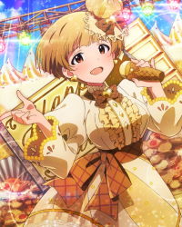 Rule 34 | 10s, 1girl, :d, artist request, blonde hair, blush, bow, bowtie, breasts, brown eyes, earrings, food-themed clothes, fukuda noriko, hat, idolmaster, idolmaster million live!, index finger raised, jewelry, looking at viewer, microphone, music, musical note, official art, open mouth, short hair, singing, smile, solo, wireless