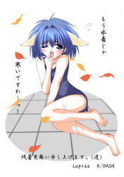 Rule 34 | 00s, 1girl, animal ears, artist name, blue hair, blush, flying sweatdrops, galaxy angel, japanese text, leaf, looking at viewer, mint blancmanche, one eye closed, open mouth, school swimsuit, short hair, simple background, solo, swimsuit, text focus, tile floor, tiles, translation request, wet, white background
