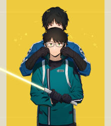 Rule 34 | 2boys, aqua jacket, badge, black gloves, black shirt, blue jacket, cheek pinching, closed mouth, covered mouth, frown, futaba 08 cnmrl, glasses, gloves, glowing, glowing sword, glowing weapon, green eyes, hands up, height difference, highres, holding, holding sword, holding weapon, jacket, karasuma kyousuke, long sleeves, male focus, mikumo osamu, mikumo squad&#039;s uniform, multiple boys, pillarboxed, pinching, shirt, short hair, simple background, straight-on, sword, uniform, upper body, weapon, world trigger, yellow background
