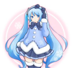 Rule 34 | 1girl, anli 17, blue bow, blue bowtie, blue coat, blue eyes, blue footwear, blue hair, blue mittens, blue skirt, boots, bow, bowtie, coat, commentary, cropped legs, earmuffs, fur-trimmed boots, fur-trimmed coat, fur-trimmed sleeves, fur trim, hair bow, hair ornament, hand up, hatsune miku, highres, long hair, long sleeves, looking at viewer, mittens, open mouth, pink background, pleated skirt, pom pom (clothes), skirt, snowflakes, solo, thigh boots, thighhighs, twintails, very long hair, vocaloid, yuki miku, yuki miku (2012), zettai ryouiki