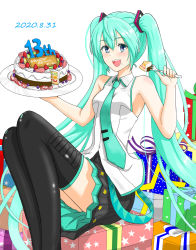 Rule 34 | 1girl, absurdly long hair, absurdres, anniversary, aqua eyes, aqua hair, aqua necktie, artist name, artist request, bare shoulders, between breasts, black skirt, black sleeves, black thighhighs, blue eyes, blue hair, blue nail polish, blue nails, blue necktie, box, breasts, cake, collarbone, collared shirt, detached sleeves, female focus, food, fork, frilled shirt collar, frills, gift, gift box, hair between eyes, hair ornament, hatsune miku, highres, holding, holding fork, holding plate, long hair, looking at viewer, medium breasts, miniskirt, nail, nail polish, necktie, necktie between breasts, neckwear between breasts, parted lips, plate, pleated skirt, shirt, sitting, skirt, sleeveless, sleeveless shirt, sleeves past wrists, smile, solo, thighhighs, tie clip, tozu (pixiv2992953), twintails, very long hair, vocaloid, white background, white shirt, wide sleeves, wing collar, zettai ryouiki