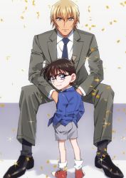 Rule 34 | 2boys, amuro tooru, black footwear, blazer, blonde hair, blue eyes, blue jacket, blue neckwear, brown hair, child, closed mouth, collared shirt, commentary request, confetti, edogawa conan, formal, full body, glasses, grey background, grey jacket, grey pants, grey shorts, grey suit, hair between eyes, hands in pockets, highres, jacket, k (gear labo), long sleeves, looking at viewer, looking back, male focus, meitantei conan, multiple boys, necktie, pants, serious, shirt, shoes, short hair, shorts, sitting, smile, sneakers, socks, sparkle, standing, suit, two-tone background, white background, white legwear, white shirt