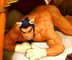 Rule 34 | 1boy, all fours, anal tail, animal ears, animal hands, ass, bad id, bad pixiv id, bara, blush, butt plug, cat boy, cat ears, cat tail, completely nude, dark-skinned male, dark skin, drooling, facial hair, fake tail, feet out of frame, forked eyebrows, frown, goatee, ixion saga, ixion saga dt, kemonomimi mode, large pectorals, long sideburns, looking at viewer, male focus, motion blur, muscular, muscular male, nude, on bed, pectorals, red eyes, sainglain (ixion saga dt), sex toy, short hair, sideburns, solo, tail, tail wagging, tearing up, thick eyebrows, thick thighs, thighs, usada (usaddd)