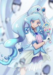 Rule 34 | 1girl, ascot, blue choker, blue footwear, blue skirt, blue vest, boots, brooch, choker, cure fontaine, gloves, healin&#039; good precure, healing animal, healing wand, highres, jewelry, long hair, magical girl, mosuchaka, precure, puffy short sleeves, puffy sleeves, sawaizumi chiyu, short sleeves, skirt, smile, solo, split ponytail, very long hair, vest, water, white gloves, white skirt