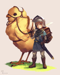 Rule 34 | 1boy, animal, armor, backpack, bag, bird, boots, brown background, brown bag, brown eyes, brown footwear, brown gloves, brown hair, chick, child, dated, folded fan, folding fan, full body, gloves, grass, hand fan, helmet, highres, holding, holding sword, holding weapon, jiro (ninetysix), male focus, original, over shoulder, saddle, scabbard, sheath, signature, simple background, smile, solo, standing, sword, sword over shoulder, tabard, weapon, weapon over shoulder
