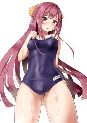 Rule 34 | 1girl, absurdres, arm behind back, black one-piece swimsuit, blush, bow, breasts, competition school swimsuit, covered navel, cowboy shot, gluteal fold, gradient hair, hair between eyes, hair ribbon, highres, jewelry, kamikaze (kancolle), kantai collection, long hair, minase (takaoka nanase), multicolored hair, new school swimsuit, one-piece swimsuit, open mouth, pink hair, purple eyes, ribbon, ring, school swimsuit, small breasts, solo, swimsuit, thighs, wedding band, yellow bow, yellow ribbon