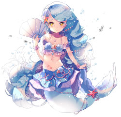 Rule 34 | 1girl, bad id, bad pixiv id, beads, blue hair, blue nails, blue skirt, bracelet, frown, hair ornament, jewelry, layered skirt, long hair, looking at viewer, mermaid, midriff, monster girl, nail polish, navel, necklace, otoca d&#039;or, r00c00, seashell, shell, skirt, solo, star (symbol), star hair ornament, tear (otoca d&#039;or), tears, very long hair, white background, yellow eyes