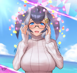 Rule 34 | 1girl, anchor hair ornament, blowhole, blue eyes, blue hair, blue whale (kemono friends), blush, commentary, dorsal fin, glasses, grey hair, hair ornament, hands on eyewear, highres, kemono friends, lips, long hair, long sleeves, looking at viewer, multicolored hair, ocean, open mouth, smile, solo, sparkle, sweater, takebi, turtleneck, turtleneck sweater, upper body, white sweater