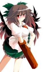 Rule 34 | 1girl, arm cannon, black hair, blush, bow, breasts, female focus, grin, hair bow, okumari, red eyes, reiuji utsuho, simple background, skirt, smile, solo, touhou, weapon, white background, wings