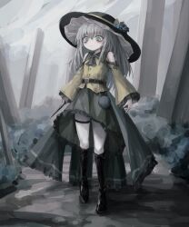 Rule 34 | 1girl, :o, black footwear, black hat, boots, bow, buttons, diamond button, eyeball, frilled shirt collar, frilled skirt, frilled sleeves, frills, full body, green eyes, green skirt, grey hair, hat, hat bow, hat ribbon, highres, holding, holding knife, knife, komeiji koishi, leather, leather boots, long hair, long sleeves, looking down, medium hair, reverinth, ribbon, shirt, skirt, solo, third eye, touhou, wavy hair, wide sleeves, yellow bow, yellow ribbon, yellow shirt