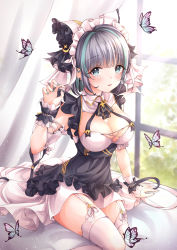 Rule 34 | 1girl, absurdres, aqua eyes, aqua hair, azur lane, bad id, bad pixiv id, black hair, blush, breasts, bug, butterfly, cheshire (azur lane), cleavage, curtains, detached sleeves, earrings, frilled hairband, frilled ribbon, frills, garter belt, hairband, highres, huge filesize, insect, jewelry, large breasts, looking at viewer, maid, maid headdress, multicolored hair, parted lips, paw pose, pippin (pippin sol), puffy detached sleeves, puffy sleeves, ribbon, sitting, solo, streaked hair, thighhighs, two-tone hair, white thighhighs, window, wrist cuffs