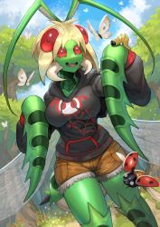 Rule 34 | 1girl, animal on arm, antennae, arthropod girl, arthropod limbs, black hoodie, blonde hair, brown shorts, bug, butterfly, carapace, caterpillar, claws, cloud, cloudy sky, colored skin, compound eyes, cowboy shot, extra eyes, fangs, flower, fur-trimmed shorts, fur trim, green skin, heart, heart-shaped pupils, highres, hood, hoodie, insect, insect wings, ladybug, long sleeves, looking at animal, mandibles, mantis girl, monster girl, orange flower, original, red eyes, short hair, short shorts, shorts, skin fangs, sky, smile, solo, sumosamo, symbol-shaped pupils, tree, wings