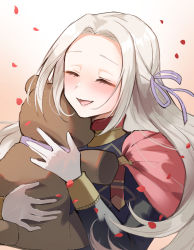 Rule 34 | 1girl, :d, black shirt, blush, brown background, cape, closed eyes, commentary request, edelgard von hresvelg, facing viewer, fire emblem, fire emblem: three houses, forehead, gradient background, hair ribbon, highres, long hair, long sleeves, nintendo, hugging object, open mouth, parted bangs, petals, purple ribbon, qi&#039;e (penguin), red cape, ribbon, shirt, silver hair, smile, solo, stuffed animal, stuffed toy, teddy bear, upper body, white background