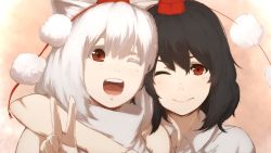 Rule 34 | 2girls, :d, albino, animal ears, arm around neck, black hair, closed mouth, hair between eyes, hat, highres, inubashiri momiji, looking at viewer, multiple girls, one eye closed, open mouth, out of character, pom pom (clothes), portrait, red eyes, shameimaru aya, short hair, side-by-side, sleeveless, smile, teeth, terimayo, tokin hat, touhou, turtleneck, v, white hair, wolf ears