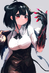 Rule 34 | 1girl, absurdres, ahoge, animal hands, black bow, black bowtie, black hair, black skirt, bow, bowtie, breasts, claws, closed mouth, colored extremities, commentary, cowboy shot, demon girl, demon horns, demon tail, english commentary, expressionless, facial mark, grey background, highres, horns, large breasts, original, otoma (matoi0603), red eyes, shirt, short hair, short sleeves, simple background, skirt, solo, suspender skirt, suspenders, tail, white shirt, wings