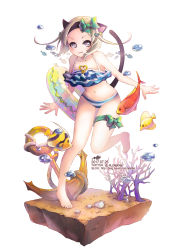 Rule 34 | 1girl, absurdres, anchor, animal ears, bare arms, bare legs, bare shoulders, bikini, black hairband, blade &amp; soul, blonde hair, blue bikini, bow, breasts, cat ears, cat tail, collarbone, commentary request, dated, fish, frills, green bow, grey eyes, hair bow, hairband, highres, holding, holding swim ring, innertube, jii dayday, looking at viewer, lyn (blade &amp; soul), navel, short hair, small breasts, solo, striped bikini, striped clothes, swim ring, swimsuit, tail, water, watermark, web address, white bikini