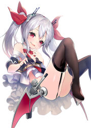 Rule 34 | 1girl, asagi yuna, azur lane, belt, bikini, black bikini, black thighhighs, blush, bow, breasts, garter straps, hair between eyes, hair bow, hands up, high heels, highres, long hair, looking at viewer, purple eyes, red bow, rigging, sidelocks, silver hair, simple background, small breasts, smile, solo, swimsuit, thighhighs, thighs, turret, twintails, vampire (azur lane), white background