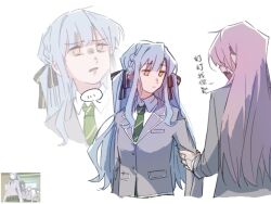 Rule 34 | ..., 2girls, bang dream!, bang dream! it&#039;s mygo!!!!!, black ribbon, blue hair, chihaya anon, chinese text, closed mouth, collared shirt, commentary, dated commentary, fang, green necktie, green skirt, grey jacket, hair ribbon, hanemi, haneoka school uniform, jacket, long hair, long sleeves, multiple girls, necktie, open mouth, parted lips, pink hair, reference inset, ribbon, school uniform, shirt, simple background, skirt, spoken ellipsis, togawa sakiko, translation request, two side up, white background, white shirt, yellow eyes