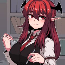 Rule 34 | 1girl, armband, black wings, blush, bookshelf, closed mouth, collared shirt, fang, formicid, hair between eyes, head wings, holding, holding pen, koakuma, long hair, long sleeves, necktie, pen, pointy ears, red armband, red eyes, red hair, red necktie, shirt, sleeve garter, smile, solo, touhou, upper body, white shirt, wings
