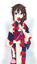 Rule 34 | 10s, 1girl, ahoge, black hair, blue eyes, braid, candy apple, floral print, food, gradient background, hair ornament, hair over shoulder, highres, japanese clothes, jewelry, kantai collection, kimono, long hair, naoto (tulip), pouch, ring, shigure (kancolle), shigure kai ni (kancolle), single braid, solo, wedding band, yukata