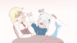 Rule 34 | 1koma, 2girls, anger vein, angry, animal hood, artist name, blonde hair, blouse, blue eyes, blue hair, blue hoodie, blue tail, chair, comic, crazy straw, cup, drinking glass, drinking straw, english text, fins, fish tail, gawr gura, gawr gura (1st costume), hair ornament, heart straw, holding another&#039;s arm, hololive, hololive english, hood, hoodie, long sleeves, motion lines, multicolored hair, multiple girls, namiorii, necktie, no eyes, open mouth, plaid, red neckwear, shark tail, shirt, simple background, sitting, streaked hair, table, tail, virtual youtuber, watson amelia, watson amelia (1st costume), white hair, white shirt