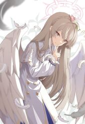 Rule 34 | 1girl, angel wings, blue archive, braid, brown eyes, buttons, closed mouth, crown braid, double-breasted, dress, feathered wings, feathers, flower, hair flower, hair ornament, halo, layered sleeves, light blush, light brown hair, long hair, long sleeves, looking at viewer, nagisa (blue archive), nikoneko, sailor collar, sailor dress, short over long sleeves, short sleeves, shrug (clothing), smile, white background, white dress, white sailor collar, white shrug, white wings, wings