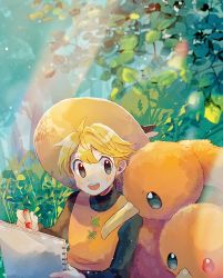 Rule 34 | 1girl, blonde hair, blush, creatures (company), day, doduo, drawing, foliage, game freak, gen 1 pokemon, grey eyes, hanenbo, hat, highres, holding, light beam, looking to the side, nintendo, open mouth, outdoors, pokemon, pokemon (creature), pokemon adventures, short hair, sketchbook, teeth, upper teeth only, yellow (pokemon)
