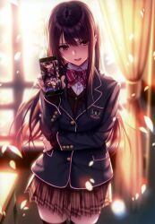Rule 34 | 1boy, 1girl, absurdres, blazer, blurry, blurry background, brown eyes, brown hair, buttons, cellphone, cherry blossoms, curtains, day, fingernails, hanikami kanojo, highres, holding, jacket, lips, long hair, long sleeves, looking at viewer, minazumi kasane, open mouth, petals, phone, piromizu, pleated skirt, ribbon, scan, simple background, skirt, thighhighs, window, zettai ryouiki