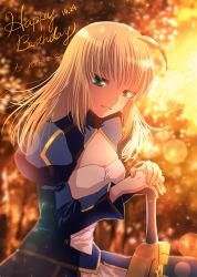 Rule 34 | 1girl, ahoge, artoria pendragon (all), artoria pendragon (fate), blonde hair, breasts, cleavage, dress, excalibur (fate/stay night), fate/stay night, fate (series), green eyes, grin, hair between eyes, hair down, hands on hilt, happy birthday, long hair, long sleeves, omizu (omz), saber (fate), small breasts, smile, solo, straight hair