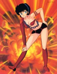 Rule 34 | 1980s (style), 1girl, aqua eyes, armlet, asymmetrical clothes, benten (urusei yatsura), black hair, boots, chain, character name, earrings, explosion, hand on own hip, hand on own knee, jewelry, knee boots, light smile, official art, oldschool, orange theme, parted lips, red footwear, retro artstyle, short hair, solo, standing, urusei yatsura