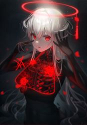 Rule 34 | 1girl, absurdres, banned artist, black background, commentary, dai nikucho, flower, hair between eyes, halo, hands up, highres, long hair, looking at viewer, open mouth, original, petals, red eyes, red flower, ribs, solo, spider lily, spine, tassel, upper body, white hair