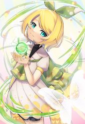 Rule 34 | 1girl, :3, aqua eyes, ataraii moyasi, black shirt, blonde hair, bow, bug, butterfly, capelet, closed mouth, commentary, cowboy shot, dress, glowing butterfly, green bow, green capelet, hair bow, hands up, head tilt, holding, insect, kagamine rin, lace-trimmed capelet, lace trim, looking at viewer, magical mirai (vocaloid), magical mirai rin, nail polish, orb, shirt, short hair, smile, solo, standing, vocaloid, white dress, yellow nails